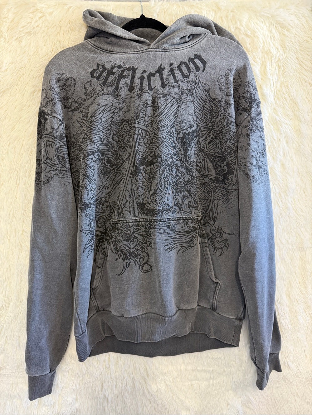 Affliction Mens Distressed Angel PO Hoodie M Grey Thick Y2K Cyber Grunge READ